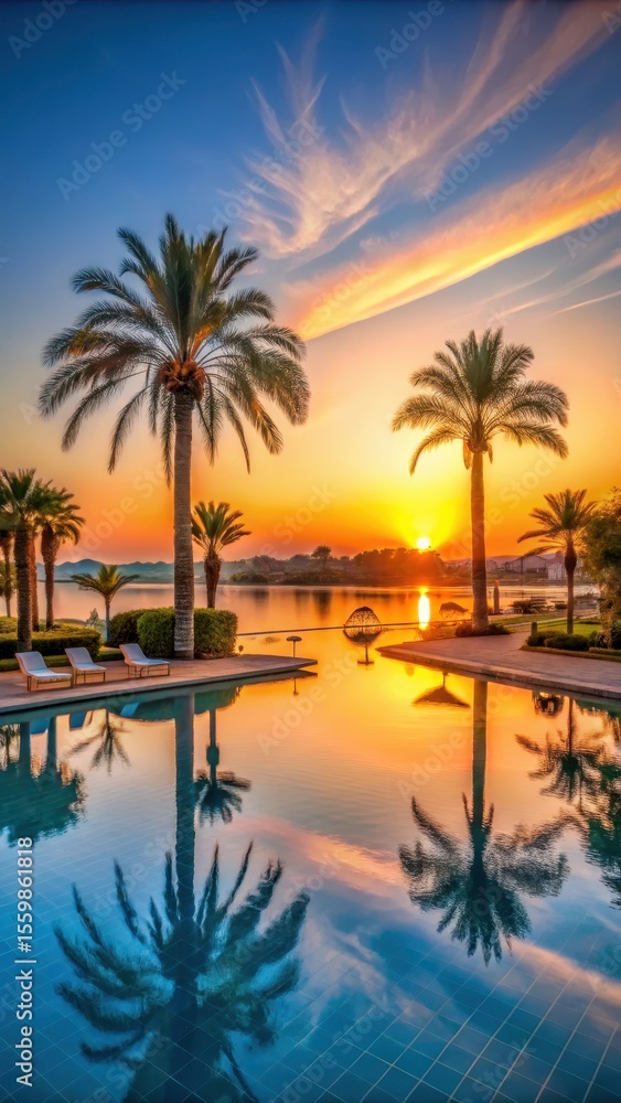 Fototapeta premium Sunset over the hotel pool with palm trees and the Nile River in Egypt