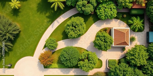 Overhead view of landscape design showcasing tree placement and architectural elements,   elements,  aerial
