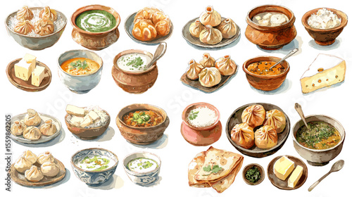 Himalayan and Nepalese food illustration featuring momos, soups, sauces, and traditional breads in rustic bowls. Ideal for ethnic cuisine and cultural food content.

