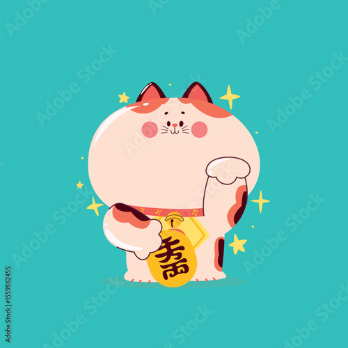 Maneki neko cat cartoon vector illustration of a fat cat with raised paws holding a gold coin