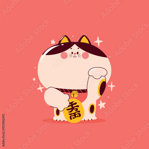 Maneki neko cat cartoon vector illustration of a fat cat with raised paws holding a gold coin