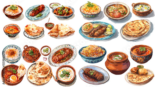 Indian food illustration featuring curry, rice, naan, kebab, dal, and chutney in vibrant ceramic dishes. Perfect for traditional culinary and spice-rich food visuals.

