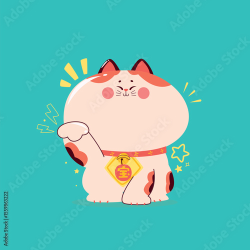 Maneki-neko, a kawaii  japanese cat with its left paw raised up.