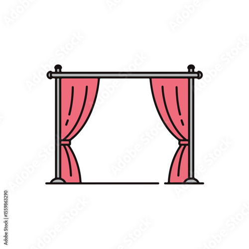 A minimalistic illustration of a stage archway with pink curtains.