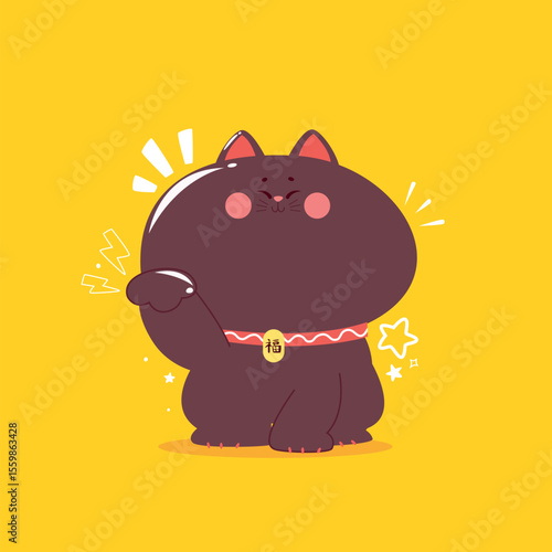 Maneki-neko, a kawaii  japanese cat with its left paw raised up.