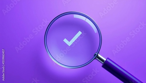Magnifying glass with checkmark, purple background, flat design, approval, vector