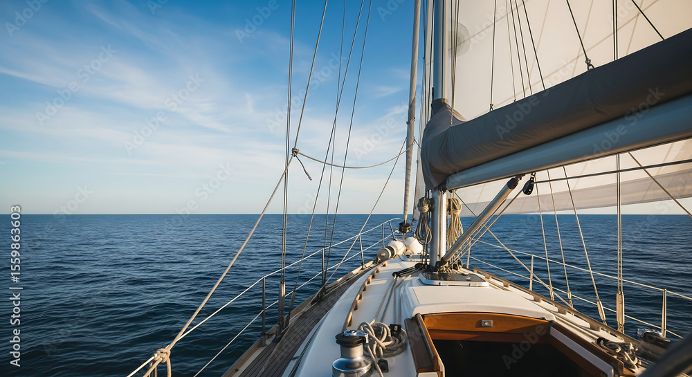 Fototapeta premium A sailboat glides across a tranquil blue ocean under a bright summer sky