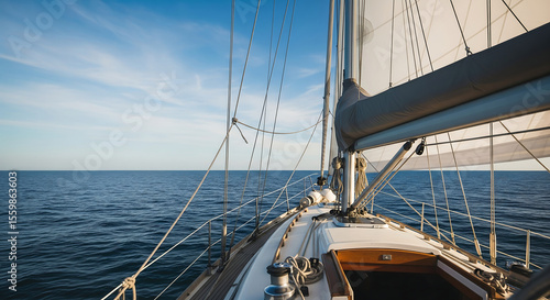 A sailboat glides across a tranquil blue ocean under a bright summer sky