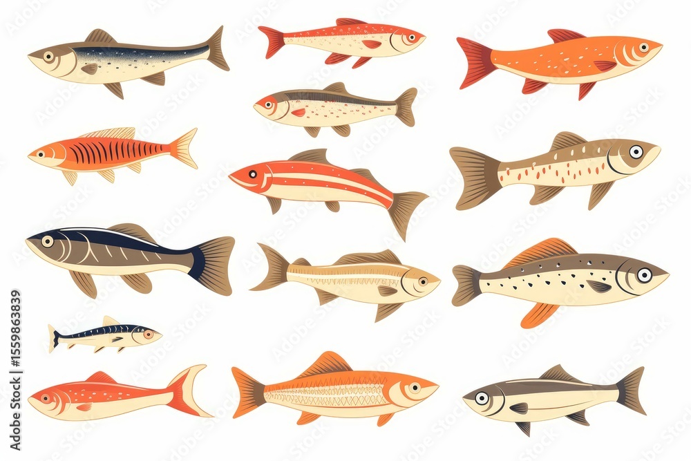 Fototapeta premium Colorful salmon fish collection swimming in different directions, isolated on white background