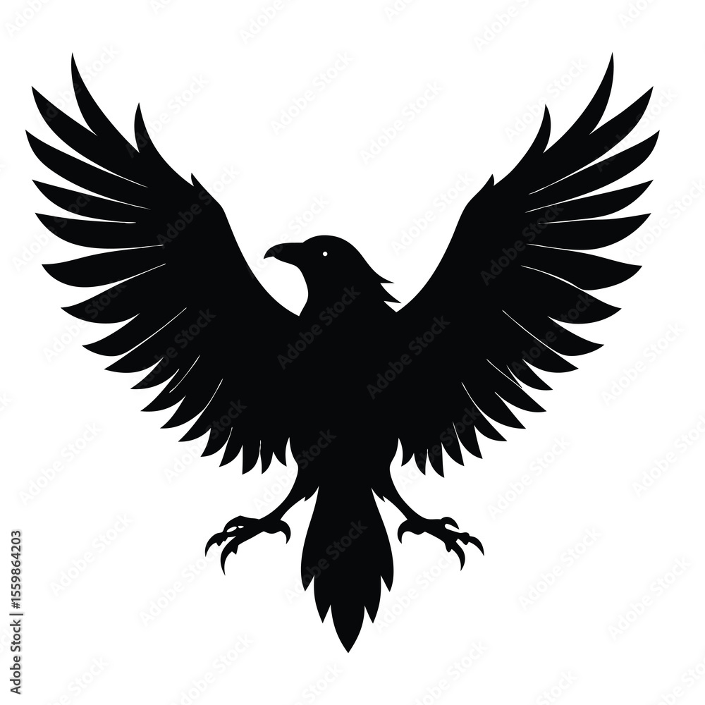 Fototapeta premium Majestic Black Raven Silhouette Wings Spread Wide, Powerful Bird of Prey Illustration, Vector Graphic Design Element for Logos, Emblems, and More