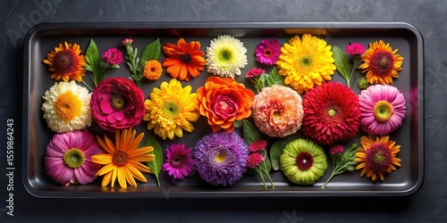 Vibrant colorful flowers arranged on a sleek black tray in a symmetrical composition creating a visually appealing image
