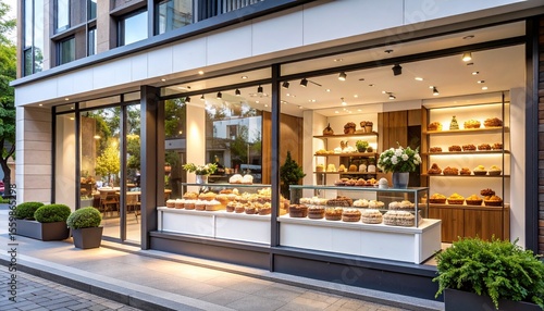 Modern bakery shop exterior with contemporary building facade and large window display