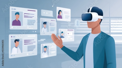 person in VR headset managing virtual event with multiple floating screens showing avatars, audience, and live chat, modern studio background