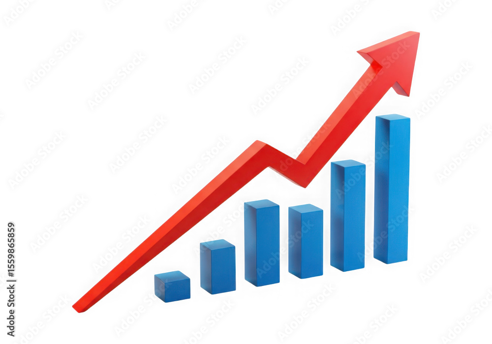 3d bar chart with red arrow showing upward trend isolated on transparent background 3d bar chart with red arrow showing upward trend isolated on transparent background