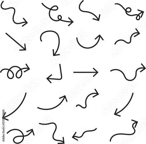Set of black hand drawn arrow element vector. Collection of doodle arrows, lines, symbol, pointing mark, shapes on trans[arent background. Simple icon illustration for education, decoration, map