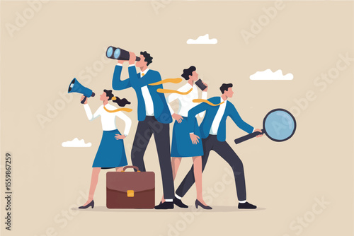 Business team with binoculars megaphone and magnifying glass isolated on transparent background