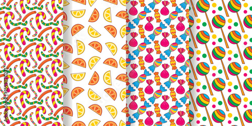 Candy treats seamless pattern set. Background with sweets, lollipops, marmalade and gummy worms. Yummy print for baby textile, wrapping paper, fabric, design. Vector graphic