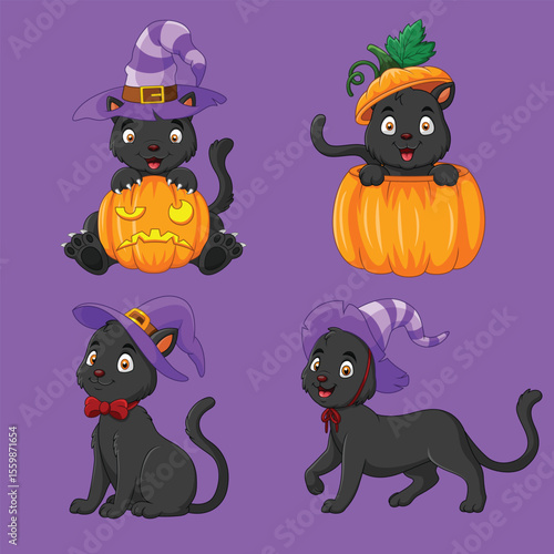 Wallpaper Mural Four cartoon black cats pose with Halloween pumpkins on a solid purple background Torontodigital.ca
