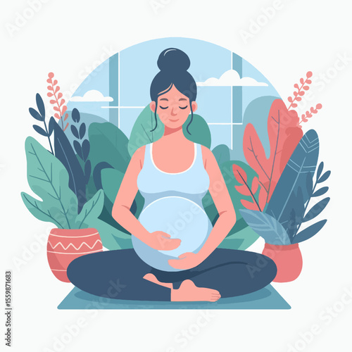 Pregnant woman meditating peacefully amidst lush green and pink plants, practicing mindfulness and prenatal yoga for well-being.