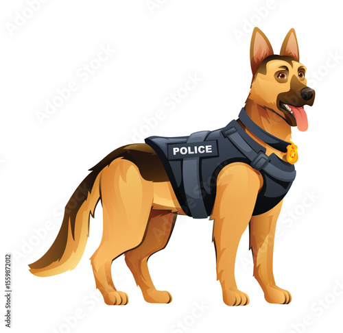 German Shepherd police dog wearing a police vest with a badge, ready for duty and protection. Vector cartoon illustration