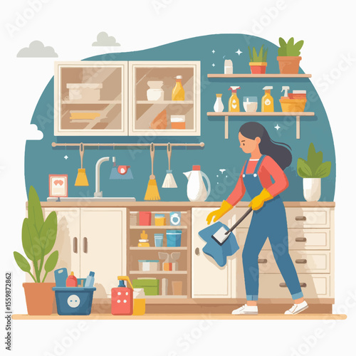 A woman in blue overalls and yellow gloves cleans a kitchen counter with a blue cloth.
