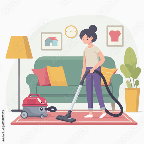 A woman is vacuuming a pink rug in a cozy living room with a green sofa, a floor lamp, and wall decorations.