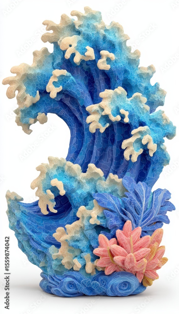 Obraz premium 3D Render of a Textured Blue Wave with Coral Accents on White Background