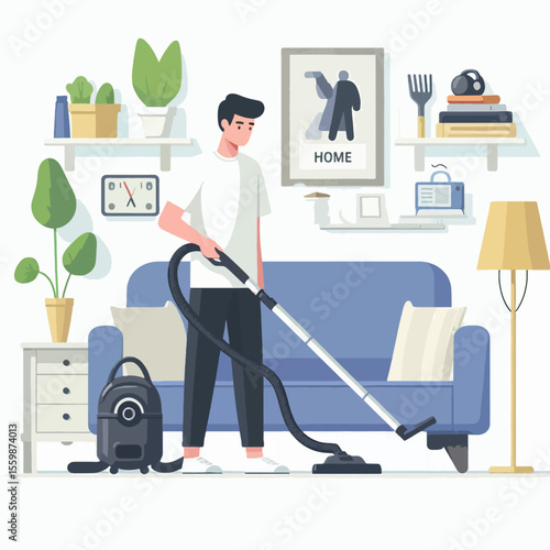 A young man doing household chores, vacuuming the floor in a modern and tidy living room with a sofa and shelves.