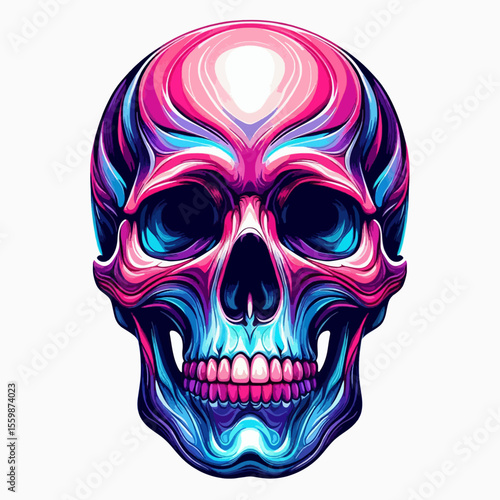 A vibrant, stylized illustration of a human skull with a neon-like glow in shades of pink, blue, and purple.