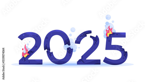 a concept of crisis and destruction in the year 2025. the impact of riots and disasters. bankrupt and collapse. illustration of a broken, cracked, damaged, and burned number 2025. flat style design