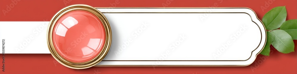 Obraz premium Salmon Pink Circular Label with Gold Frame and Green Leaves