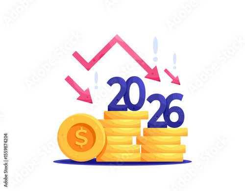 a concept of economic crisis in 2026. economic downturn. financial problems. bankrupt and collapse. illustration of a downward arrow symbol with a pile of coins and the number 2026. flat style design