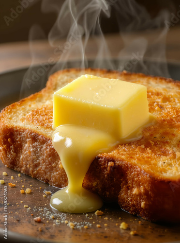 A molten chunk of butter melting and sliding over the edge of hot sourdough toast, with visible steam curling in the background.

