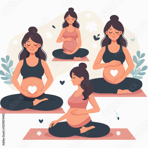 Four pregnant women meditating in a yoga pose, holding their bellies with a heart symbol.