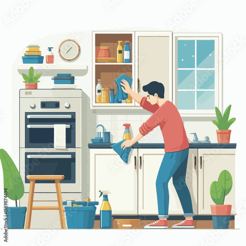 Man cleaning kitchen cabinets and countertops with cloths, surrounded by cleaning supplies and household items.
