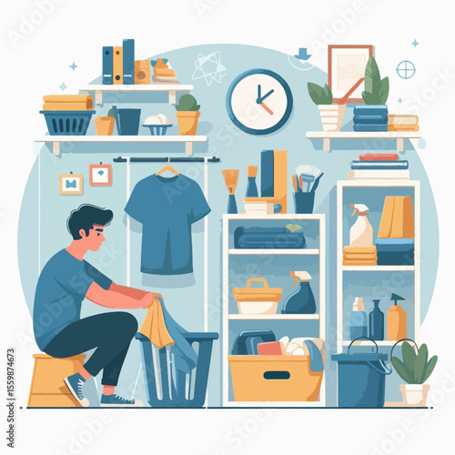 A man diligently sorts laundry in a clean and organized utility room with shelves full of household items and cleaning supplies.