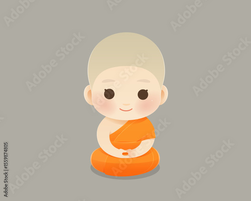 Adorable novice monk in orange robe meditating peacefully, symbolizing mindfulness, calmness, and inner peace on a clean white background. Young novice, Child monk