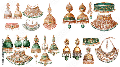 Luxury Indian jewelry illustration set with intricate earrings, necklaces, and chokers adorned with pearls, emeralds, and gold. Ideal for bridal fashion and culture.

