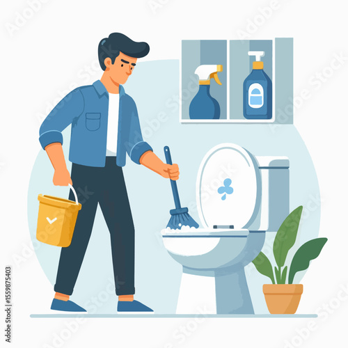 A man is cleaning a toilet with a brush and bucket, with cleaning supplies on a shelf and a plant nearby.