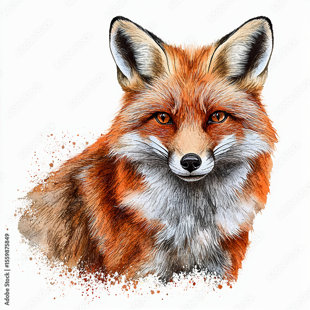 Fototapeta premium Fox Portrait Watercolor on White Background
