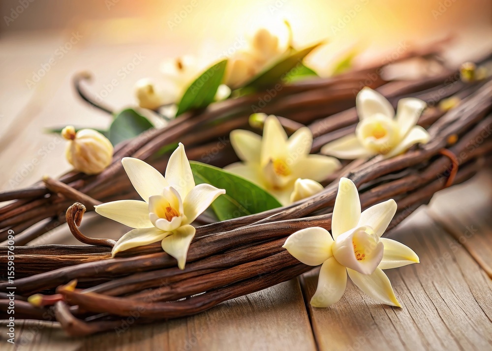 Delicate vanilla flowers and vines are intricately entwined with vanilla sticks in a warm Delicate vanilla flowers and vines are intricately entwined with vanilla sticks in a warm