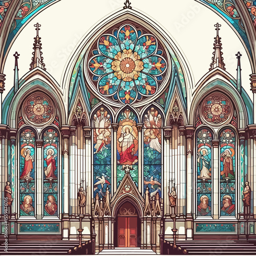 Intricate stained glass windows and rose window adorn the interior of a grand cathedral, depicting religious scenes and figures.