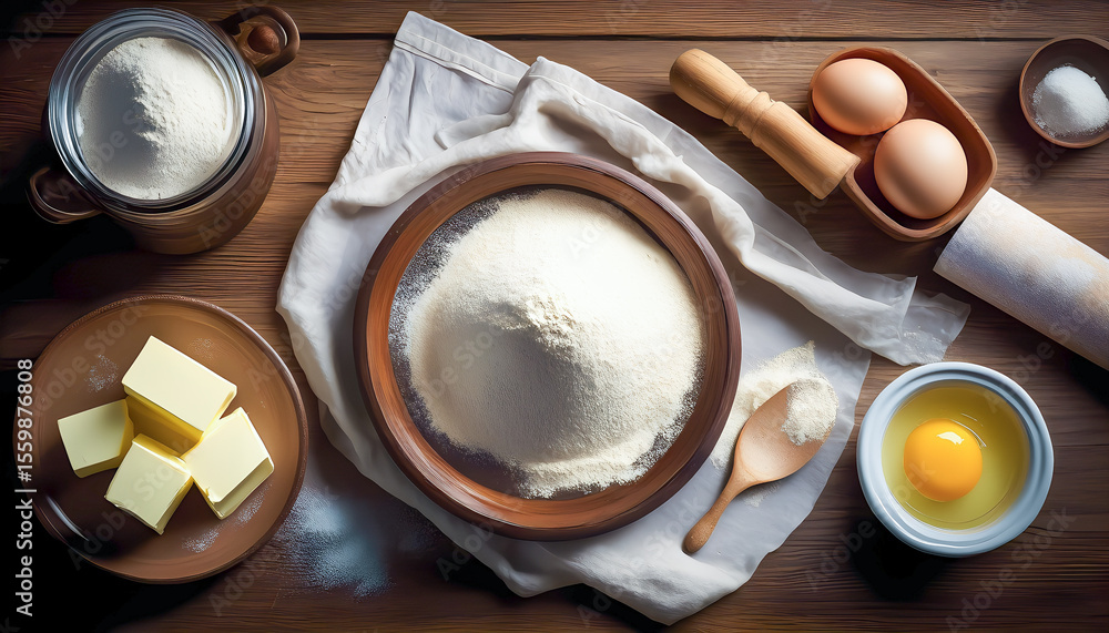 Baking ingredients on a wooden table: flour, eggs, butter, sugar. Baking ingredients on a wooden table: flour, eggs, butter, sugar.