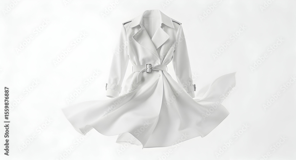 White Trench Coat Floating in Air on White Background Elegant Outerwear for Fashion and Style White Trench Coat Floating in Air on White Background Elegant Outerwear for Fashion and Style