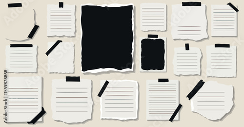 A collection of torn paper notes and blank photo frames taped to a light beige background with shadow effects