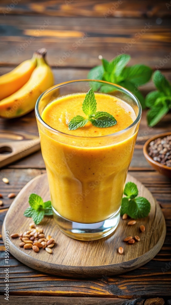 A glass of vibrant orange-yellow smoothie made with fresh banana and flaxseeds A glass of vibrant orange-yellow smoothie made with fresh banana and flaxseeds
