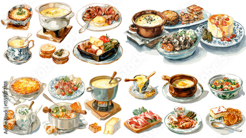 European cuisine and fondue illustration featuring melted cheese, soups, meats, and side dishes. Ideal for gourmet and traditional food themes.

