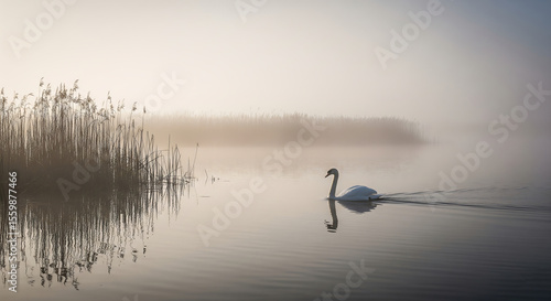 Fototapeta Naklejka Na Ścianę i Meble -  A white swan swims peacefully on a misty lake at dawn, reeds reflected in the calm water
