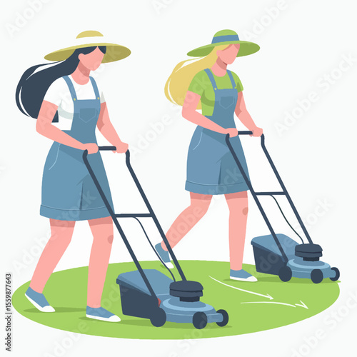 Two women mowing the lawn with lawnmowers on a sunny day.