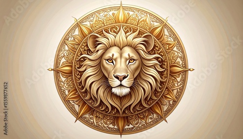 Striking lion's head with golden background in realism tattoo style showcasing regal majesty